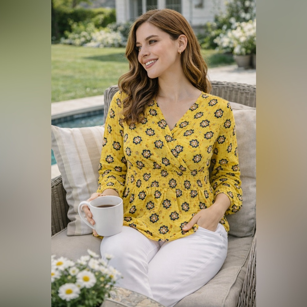 272 Alex & Parker Yellow Floral Blouse L Boho Peasant Top Lightweight Flowy